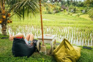 A person relaxes on a bean bag chair under a parasol, overlooking a lush green rice paddy field with palm trees and traditional buildings in the background